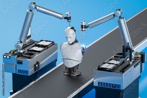 Fényképezés Robot assembly line producing cyborg in factory