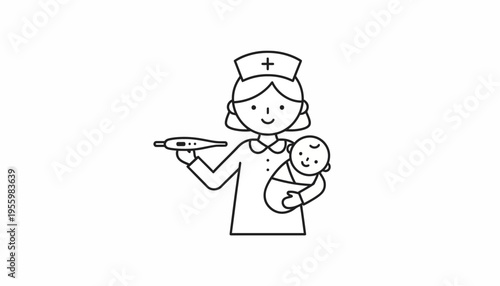 Nurse Holding Baby and Thermometer Icon: Healthcare, Pediatrics, Medical Care, Newborn, Doctor, Hospital