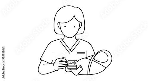 Nurse holding newborn baby and checking vital signs with monitor