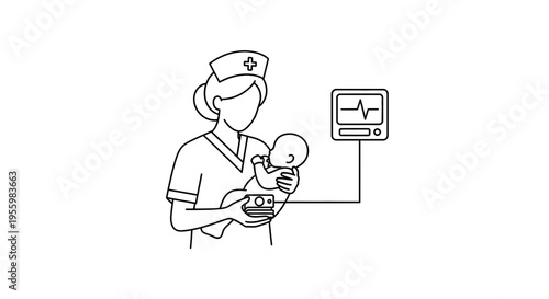 Nurse holding newborn baby connected to heart monitor, medical care concept