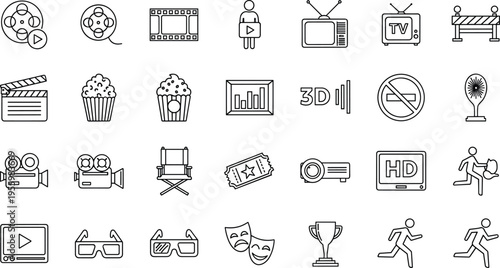 Cinema entertainment line icons set movie film media outline vector illustration collection