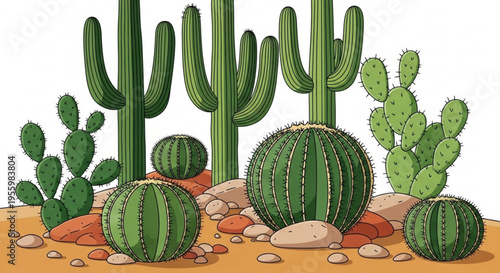 Desert landscape with various cacti and succulents on sandy ground with rocks