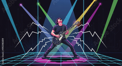 Man playing electric guitar on stage with colorful laser lights and grid background rock concert atmosphere