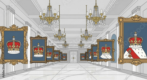 Luxurious hallway with crown portraits and chandeliers in ornate gold frames