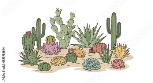 Desert landscape with various cacti and succulents in sandy terrain colorful flowers and green spiky plants arid environment