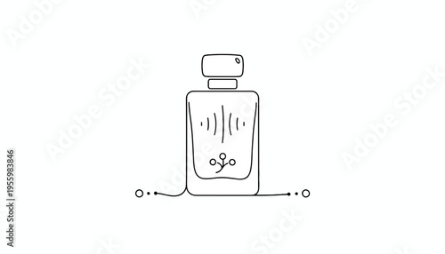 Minimalist perfume bottle outline with floral emblem and abstract fluid line