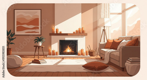 Cozy living room with warm lighting beige couch fireplace and candles creating a relaxing atmosphere with a warm rug and plants