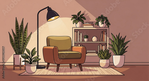 Cozy living room with brown armchair floor lamp plants and bookshelf on rug