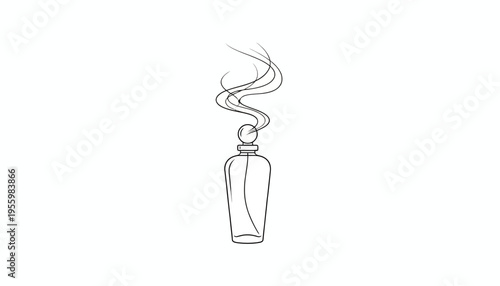 Minimalist perfume bottle with elegant scent vapor rising, line art illustration.