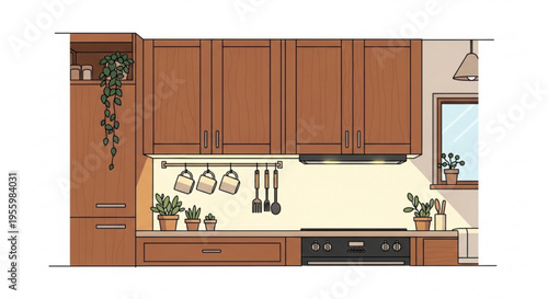 Modern kitchen interior with wooden cabinets and potted plants on countertops and hanging