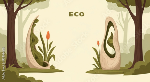 Eco friendly plants growing in natural forest environment with abstract stone sculptures