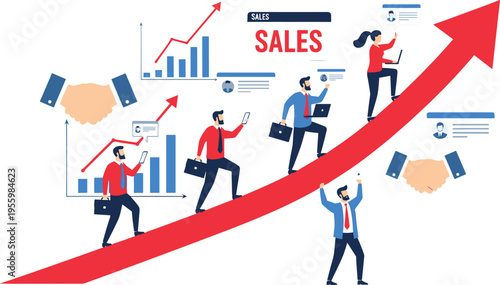Business sales growth vector illustration with team climbing success arrow featuring financial charts graphs handshake and professional people for corporate marketing flat design.