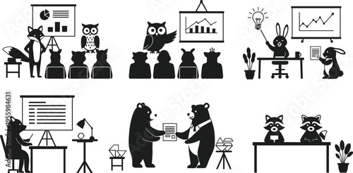 Business animal silhouette character set featuring fox owl bear and rabbit working in office giving presentations and analyzing financial data charts for corporate education design