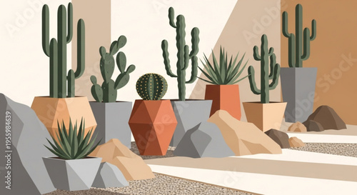 Geometric cacti and succulents in modern pots on a desert background with rocks and sandy terrain