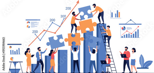 Business teamwork and data analysis vector illustration with professional people building puzzle pieces on financial growth bar charts for corporate strategy flat design.