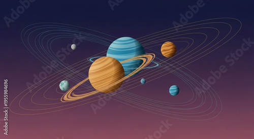 Planets and moons in orbit around a large blue planet in space with swirling orbits