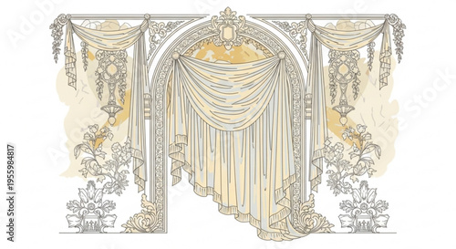 Ornate archway with draped curtains and floral decorations for event entrance