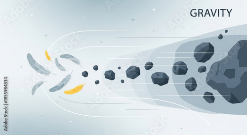 Gravity concept with celestial bodies and particles in space illustrating attraction and motion