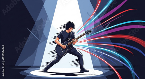 Musician playing electric guitar on stage with colorful lights