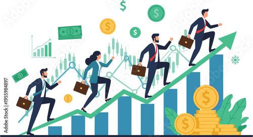 Financial stock market growth vector illustration featuring investors climbing success arrow with trading charts money coins and dollar symbols for investment flat design.
