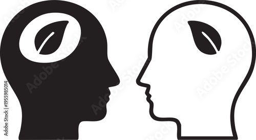 Mental health balance concept with leaf inside head silhouettes illustration