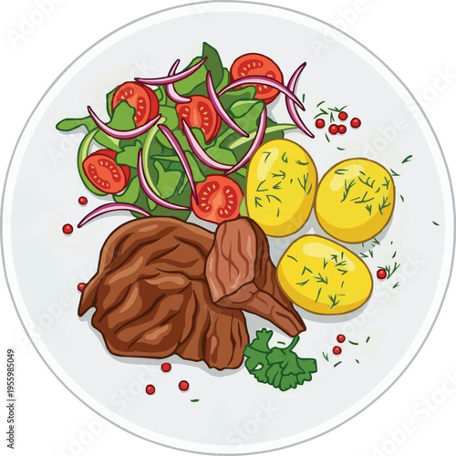 Grilled Steak with Boiled Potatoes and Fresh Salad Illustration