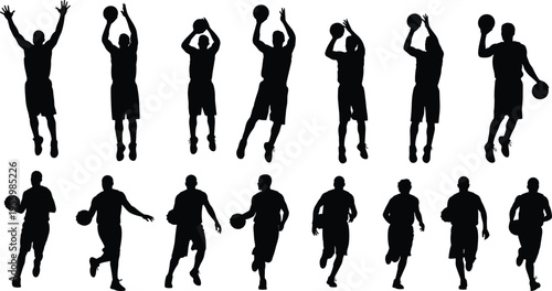 basketball, player, silhouette, set, dribbling, shooting, jumping, action, sport, athlete, motion, collection, pose, isolated, black, vector, illustration, dynamic, game, activity