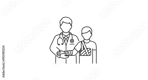 Doctor Helping Injured Patient with Arm Cast and Sling, Medical Care Concept