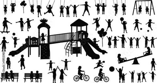 children, playground, silhouette, kids, playing, park, activity, slide, swing, fun, childhood, group, outdoor, set, vector, illustration, black, collection, leisure, lifestyle