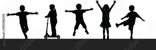 children, silhouette, kids, playing, jumping, happy, childhood, fun, activity, boy, girl, scooter, motion, pose, isolated, black, vector, illustration, playful, set