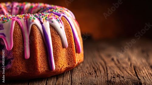 Close-up of a rich golden bundt cake with vibrant purple icing and colorful sprinkles on a rustic wooden table