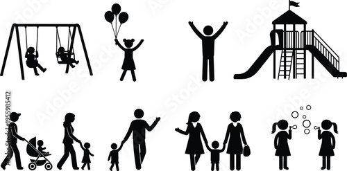 family, children, silhouette, playground, parents, kids, activity, swing, slide, park, outdoor, lifestyle, fun, childhood, group, vector, illustration, isolated, black, set