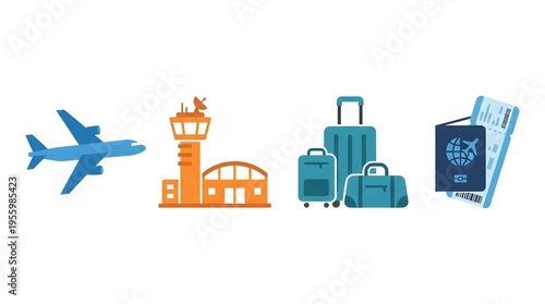 Illustration of air travel elements including an airplane, airport control tower, luggage, passport, and boarding passes.