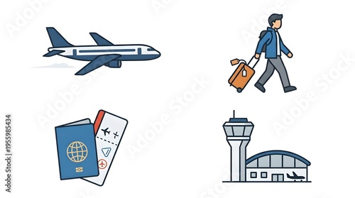 Illustrations depicting various aspects of air travel including an airplane, a traveler with luggage, passport and boarding pass, and an airport building.