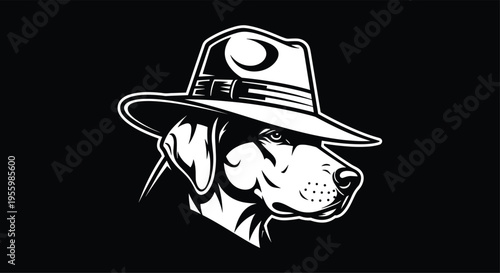 Black and white vector illustration of a detective dog wearing a fedora hat isolated on black background for mystery mascot