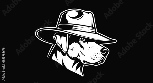 Black and white vector illustration of a detective dog wearing a fedora hat isolated on black background for mystery logo