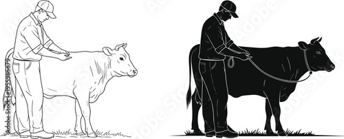 Farmer Cow Silhouette flavector Line Art Vector Illustration Set of Male Livestock Breeder with Cattle on Farm for Agriculture Branding