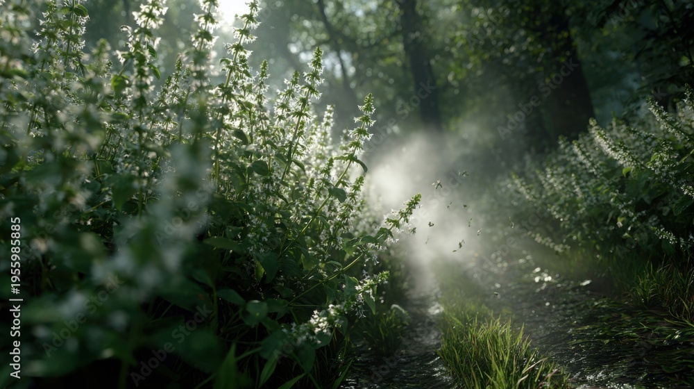 Fototapeta premium Photorealistic side view of holy basil plants in a sunlit, misty forest garden path
