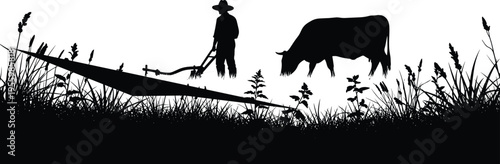 Farmer Plowing Field with Ox flavector Silhouette Illustration of Traditional Agriculture Scene with Cattle and Grass for Rural Farm Branding