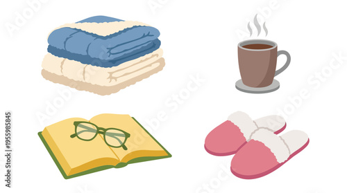 A collection of cozy items for a relaxing day at home, including blankets, a hot drink, a book with glasses, and soft slippers.