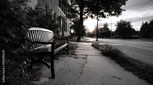 Black and white photo of a one bench on a sidewalk