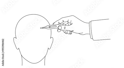 Close-up of hand holding thermometer to forehead for temperature check, medical concept