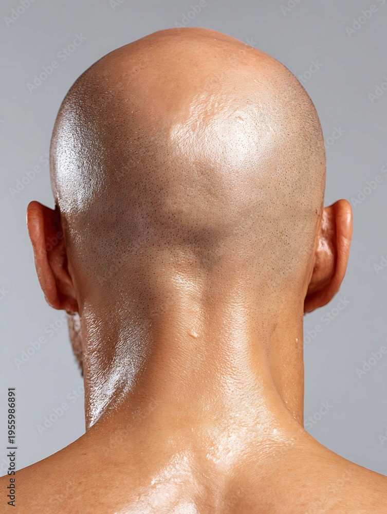 Naklejka premium Premium grooming close-up showing a healthy bald scalp with smooth texture and luxury lighting.
