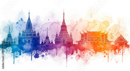 Vibrant cityscape with colorful temples and pagodas at sunset abstract watercolor background