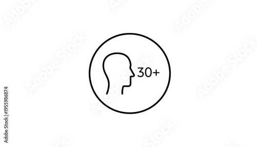 Age 30 Plus Icon, Silhouette Head with Text, Symbol of Maturity and Experience