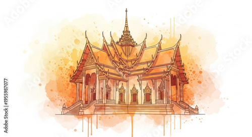 Traditional thai temple with orange roof and spire watercolor illustration cultural architecture