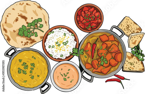 Indian Cuisine Set Illustration with Curry, Rice, and Naan