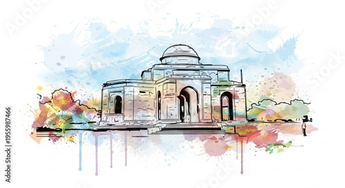 Historic building with domed roof and arched entrances in a watercolor landscape with trees and blue sky