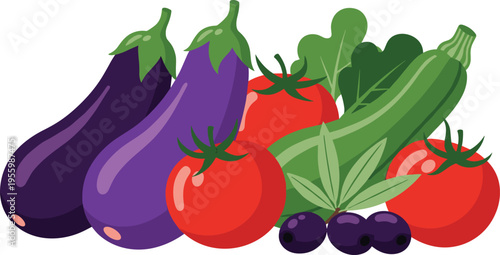 Fresh organic vegetables vector illustration featuring eggplants tomatoes zucchini and olives on white background for healthy diet food market grocery farm flat design.