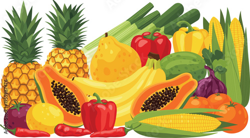 Large vector composition of fresh organic tropical fruits and garden vegetables including pineapple papaya bananas bell peppers corn and chili for healthy nutrition market concept.